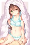  1girl bare_legs blush bra breasts brown_hair cinderella_bust eiyuu_densetsu green_eyes grey_background hair_between_eyes hakuleg long_hair midriff navel one_eye_closed panties pov sen_no_kiseki simple_background small_breasts smile solo_focus straddling thighs towa_herschel two-tone_background under_covers underwear underwear_only white_background white_bra white_panties 