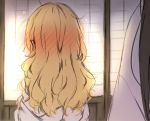  2girls black_hair blonde_hair blush commentary_request flying_sweatdrops from_behind hakurei_reimu indoors kirisame_marisa long_hair multiple_girls no_hat no_headwear piyokichi touhou upper_body white_robe 