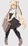  1girl black_legwear black_ribbon black_skirt blonde_hair bow copyright_request eyebrows_visible_through_hair grey_background hair_ribbon holding_suitcase long_hair meme_attire pantyhose red_eyes ribbon shirt shiseki_hirame short_sleeves simple_background skirt smile solo suitcase twintails virgin_killer_outfit white_bow white_shirt 