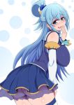  1girl aqua_(konosuba) arched_back ass bangs bare_shoulders blue_eyes blue_hair blue_ribbon blue_shirt blue_skirt blush breasts covered_nipples detached_sleeves dot_nose dotted_background doyagao from_side gradient gradient_background hair_between_eyes hair_ornament hair_rings hand_on_own_thigh hand_up hanging_breasts highres kono_subarashii_sekai_ni_shukufuku_wo! large_breasts leaning_forward legs_together lips long_hair looking_at_viewer microskirt neck_ribbon no_bra no_panties open_mouth ponpo raised_eyebrows ribbon see-through shiny shiny_hair shiny_skin shirt sidelocks skirt smile smug solo standing thick_thighs thighhighs thighs tongue white_background white_legwear 