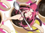  1girl :d barefoot blue_eyes blush coffee coffee_mug covering covering_breasts cup dragon_horns dragon_tail elizabeth_bathory_(fate) elizabeth_bathory_(fate)_(all) fang fate/extra fate/extra_ccc fate/grand_order fate_(series) fingernails flat_chest from_above hair_ribbon highres holding holding_spoon horns in_container in_cup long_hair looking_at_viewer minigirl mug nude open_mouth partially_submerged pink_hair pointy_ears ribbon sharp_fingernails skin_fang smile solo spoon tail very_long_hair yomogi_uehara 