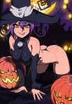  1girl :p all_fours arched_back ass bangs black_headwear black_legwear blair breasts cleavage collarbone detached_sleeves eyebrows_visible_through_hair fang flipped_hair g-string hair_between_eyes halloween hanging_breasts hat highres impossible_clothes jack-o&#039;-lantern large_breasts looking_at_viewer maniacpaint pumpkin purple_hair skin_tight slit_pupils solo soul_eater thighhighs thong tongue tongue_out white_background witch witch_hat yellow_eyes 
