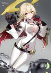  1girl bangs black_gloves blonde_hair blurry blurry_background blurry_foreground blush bodysuit breasts character_name cleavage commentary_request copyright_name depth_of_field eyebrows_visible_through_hair gloves grey_background grin guilty_gear guilty_gear_xrd hair_between_eyes holding holding_mask jack-o&#039;_valentine large_breasts lloule long_hair long_sleeves looking_at_viewer mask mask_removed multicolored_hair red_eyes red_hair smile solo two-tone_hair v-shaped_eyebrows very_long_hair white_bodysuit wide_sleeves wing_collar 