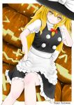  1girl 3: apron arm_behind_head bangs black_skirt black_vest blonde_hair bosutonii braid clenched_hand commentary_request dutch_angle english_text feet_out_of_frame frown furrowed_eyebrows hair_between_eyes hair_ribbon halloween hand_on_hip happy_halloween hat high_collar highres jack-o&#039;-lantern kirisame_marisa light_particles long_hair looking_at_viewer puffy_short_sleeves puffy_sleeves ribbon shirt short_sleeves single_braid sitting sitting_on_object skirt touhou tress_ribbon very_long_hair vest waist_apron white_shirt witch_hat yellow_eyes 