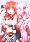  2girls ahoge blush breasts brown_eyes brown_hair chiyoda_momo demon_girl demon_horns demon_tail eyebrows_visible_through_hair garter_straps groping highres horns large_breasts long_hair machikado_mazoku magical_girl multiple_girls navel open_mouth pink_hair pnkts shiny shiny_hair skirt sweat tail thighhighs yoshida_yuuko_(machikado_mazoku) yuri 