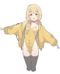  1girl :d absurdres black_choker black_thighhighs blonde_hair braid breasts choker commentary covered_navel cropped_legs fujita_kotone gakuen_idolmaster groin hair_ornament hairpin highleg highleg_leotard highres idolmaster jacket leotard light_blush long_hair long_sleeves looking_at_viewer open_clothes open_jacket open_mouth s10021 simple_background sleeves_past_wrists small_breasts smile solo standing strapless strapless_leotard thighhighs twin_braids white_background yellow_eyes yellow_jacket yellow_leotard 