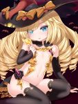  1girl :p azur_lane bare_shoulders black_collar black_headwear black_legwear black_sleeves blonde_hair bow brown_bow candy closed_mouth collar commentary_request detached_collar detached_sleeves drill_hair feet_out_of_frame food halloween hat hat_bow highres holding holding_food holding_lollipop lollipop long_hair long_sleeves looking_at_viewer navel revealing_clothes sitting sleeves_past_wrists smalley_(azur_lane) smile solo spikes swirl_lollipop thighhighs tongue tongue_out u2_(5798239) very_long_hair witch_hat yokozuwari 