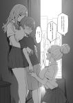  1boy 2girls age_difference alley between_breasts blush breasts closed_eyes commentary embarrassed eyebrows_visible_through_hair greyscale hair_bun head_between_breasts hetero highres hug hug_from_behind kneeling large_breasts long_hair looking_at_another monochrome multiple_girls open_mouth original pleated_skirt school_uniform short_sleeves shorts skirt sky_(freedom) sweat translated 