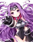  1girl arm_up armor black_gloves black_leotard breastplate collar covered_navel fate/grand_order fate_(series) gloves hair_intakes headband leotard long_hair medusa_(lancer)_(fate) nogi_takayoshi open_mouth outstretched_hand purple_eyes purple_hair rider sitting solo very_long_hair 