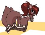  2020 absurd_res anthro butt clothing crossed_arms digital_media_(artwork) female gloves hair handwear hi_res izzy_(buxy) latex latex_clothing latex_gloves latex_handwear latex_legwear latex_stockings legwear lettuce_(artist) looking_at_viewer looking_back looking_back_at_viewer mammal ponytail red_hair rodent sciurid simple_background smile solo stockings tail tree_squirrel 