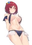  1girl ariadoa_(kono_yuusha_ga_ore_tueee_kuse_ni_shinchou_sugiru) arm_behind_back bangs bikini blush breasts choker closed_mouth eyebrows_visible_through_hair frilled_bikini_bottom from_below groin hair_between_eyes hair_ornament hand_on_own_chest hand_up harukagi kono_yuusha_ga_ore_tueee_kuse_ni_shinchou_sugiru large_breasts legs_together looking_at_viewer navel red_eyes red_hair short_hair simple_background skindentation smile solo standing swimsuit thighs twitter_username white_background 