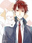  1boy animal animal_on_shoulder artist_name blue_suit cat cat_on_shoulder closed_eyes error hiwa04 looking_at_viewer male_focus mayonaka_no_occult_koumuin miyako_arata multiple_tails necktie red_eyes red_hair red_neckwear smile tail two_tails upper_body white_cat yuki_(mayonaka_no_occult_koumuin) 