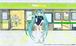  1girl aqua_hair belt closed_eyes commentary contrapposto convenience_store crypton_future_media glass_door hatsune_miku kamogawa_(kamogawa_sodachi) long_hair official_art open_mouth outstretched_arm pleated_skirt poster_(object) shirt shoes shop skirt sliding_doors smile sneakers solo thighhighs twintails very_long_hair vocaloid white_legwear white_skirt wide_shot 