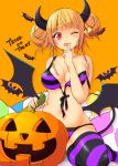  .sin :3 bangs bare_shoulders black_legwear blush breasts cleavage closed_eyes commentary_request demon_girl double_bun eyebrows_visible_through_hair halloween highres horns large_breasts navel orange_background original pumpkin purple_legwear red_eyes smile striped striped_legwear succubus thighhighs tongue tongue_out wings 