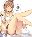  1girl absurdres arm_support ass atelier_(series) atelier_ryza bangs bare_legs barefoot belt blush bracelet breasts brown_belt brown_eyes brown_hair cleavage collarbone commentary_request corked_bottle embarrassed eyebrows_visible_through_hair flask hair_ornament highres jacket jewelry knees_together_feet_apart leaning_back leather_belt legs legs_up looking_down medium_breasts necklace open_mouth pj red_shorts reisalin_stout round-bottom_flask shadow shiny shiny_skin short_hair short_shorts shorts sidelocks simple_background sitting sleeveless sleeveless_jacket solo speech_bubble spill star star_necklace suggestive_fluid sweatdrop thighs wet white_background white_headwear yellow_jacket 