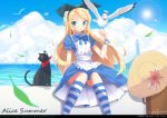  1girl :o absurdres alice_(wonderland) alice_in_wonderland apron artist_name bird black_cat black_hairband blonde_hair blue_dress blue_sky cat cloud dated dress hairband hat highres kneehighs knees_together_feet_apart leaf lighthouse lolcat_(wng0623) long_hair neck_ribbon ocean pleated_dress puffy_short_sleeves puffy_sleeves ribbon seagull short_sleeves sitting sky solo striped striped_legwear suitcase sun sun_hat very_long_hair wind_turbine windmill wristband 