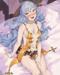  @_@ animal_ears backless_outfit blue_hair blush bunny_ears candy earrings erune ferry_(granblue_fantasy) food granblue_fantasy hoop_earrings jewelry long_hair on_bed open_mouth pubic_hair single_earring sitting sitting_on_bed smile sunao_(souis) wavy_hair yellow_eyes 