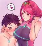  1boy 1girl blush breasts earrings hair_ornament hetero homura_(xenoblade_2) hug jewelry large_breasts long_hair looking_at_viewer navel ooshima_aki red_eyes red_hair rex_(xenoblade_2) short_hair simple_background smile tiara xenoblade_(series) xenoblade_2 