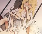  2girls ^_^ bangs bare_shoulders black_hair blonde_hair blush breast_grab closed_eyes collarbone commentary_request covering_mouth dutch_angle eyebrows_visible_through_hair grabbing hair_between_eyes hakurei_reimu hand_up hickey hug hug_from_behind indoors kirisame_marisa long_hair long_sleeves multiple_girls no_hat no_headwear nose_blush off_shoulder piyokichi robe sitting solo_focus thighs touhou white_robe wide_sleeves yuri 