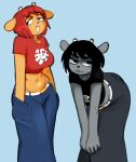  2024 anthro belt black_clothing black_shirt black_topwear blue_bottomwear blue_clothing blue_pants bodily_fluids bone bottomwear bovid caprine clothing crop_top duo eyelashes female female/female female_focus fur grey_body grey_bottomwear grey_clothing grey_fur grey_lips grey_pants hi_res honeyboyy horn humanoid invalid_color lammy_lamb lips mammal midriff pants parappa_the_rapper pink_lips rammy_lamb red_clothing red_shirt red_topwear sheep shirt skull skull_and_crossbones skull_head sony_corporation sony_interactive_entertainment sweat sweatdrop topwear um_jammer_lammy white_belt 