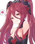  1girl artist_name bare_shoulders black_gloves blue_background blush breasts cleavage closed_mouth detached_sleeves dragalia_lost eyebrows_visible_through_hair fang fur_trim gloves heart large_breasts leonmandala long_hair looking_at_viewer mym_(dragalia_lost) orange_eyes red_hair simple_background smile solo upper_body very_long_hair white_background 