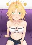  1girl absurdres bangs bare_arms bare_shoulders blonde_hair blush braid breasts collarbone commentary_request controller dualshock eyebrows_visible_through_hair fate/apocrypha fate/grand_order fate_(series) game_controller gamepad green_eyes hair_ornament highres holding_controller hypnosis jewelry long_hair looking_at_viewer medium_breasts mind_control mordred_(fate) mordred_(fate)_(all) navel necklace open_mouth playstation_controller ponytail red_scrunchie scrunchie shorts sitting smile solo wowan_baihe_zenmeliao 