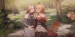 2girls bangs bare_shoulders belt black_belt black_bow black_shirt black_sleeves blanket blonde_hair blurry blurry_foreground blush bow brown_hair brown_legwear chihuri closed_mouth commentary day depth_of_field detached_sleeves dress earrings eyebrows_visible_through_hair flower food granblue_fantasy grey_pants hair_between_eyes hair_bow hand_on_another&#039;s_head high_ponytail highres holding holding_food jewelry juliet_sleeves katalina_aryze light_brown_hair long_hair long_sleeves multiple_girls nose_blush outdoors pants parted_bangs parted_lips pink_flower pink_rose ponytail puffy_sleeves purple_flower red_eyes red_sleeves rose sandwich shirt sitting sleeveless sleeveless_shirt sleeves_past_wrists smile thighhighs very_long_hair vira_lilie white_dress yuri 