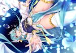  1girl absurdres air_bubble aqua_hair aqua_kimono bubble dragon_girl dragon_horns fate/grand_order fate_(series) highres horns japanese_clothes kimono kiyohime_(fate/grand_order) kuromu long_hair multiple_horns obi pelvic_curtain sash short_kimono sidelocks solo thighhighs underwater white_legwear wide_sleeves yellow_eyes 