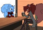  2021 absurd_res anthro blue_body blue_fur blue_hair boots breasts chair clothing coffee_cup container crossed_arms cup digital_media_(artwork) duo female footwear fur furniture hair hi_res izzy_(buxy) latex legwear lettuce_(artist) lettuce_(latexia) mammal on_chair red_hair rodent sciurid sitting sitting_on_chair smile table tail thigh_boots thigh_highs tree_squirrel 