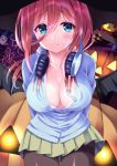  1girl :t arms_behind_back blue_eyes breasts cleavage collarbone commentary_request eyebrows_visible_through_hair go-toubun_no_hanayome green_skirt hair_between_eyes halloween headphones headphones_around_neck jack-o&#039;-lantern kouzuki_hajime large_breasts long_hair long_sleeves nakano_miku pantyhose pleated_skirt pout pumpkin red_hair skirt solo white_legwear 