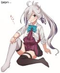  1girl ahoge artist_logo asashimo_(kantai_collection) black_legwear blazer eyebrows_visible_through_hair full_body grey_legwear grin hair_over_one_eye halterneck highres jacket kantai_collection long_hair looking_at_viewer meguru_(megurunn) mismatched_legwear ponytail remodel_(kantai_collection) school_uniform sharp_teeth silver_hair simple_background sleeves_rolled_up smile solo teeth thighhighs twitter_username white_background 