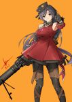  1girl absurdres armpits b_o_y beret bipod black_bow black_hair black_legwear bow brown_eyes closed_mouth cowboy_shot detached_sleeves dress girls_frontline gun hat hat_bow highres knife legs lewis_(girls_frontline) lewis_gun long_hair machine_gun medal orange_background pantyhose petticoat pointing pointing_at_viewer red_dress sheath signature simple_background solo striped striped_legwear vertical-striped_legwear vertical_stripes very_long_hair weapon 