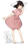  1girl :d animal_ears bangs barefoot black_hair blush bunny bunny_ears bunny_tail carrot_necklace commentary dress feet full_body hand_up highres inaba_tewi kasuka_(kusuki) looking_at_viewer open_mouth pink_dress puffy_short_sleeves puffy_sleeves red_eyes shadow short_hair short_sleeves simple_background smile solo standing tail toes touhou white_background 