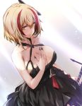  1girl alternate_costume azur_lane bangs bare_shoulders black_dress black_nails blonde_hair breasts brown_eyes cleavage closed_mouth collarbone dress eyebrows_visible_through_hair hair_between_eyes hair_ornament halterneck hand_on_own_chest holding holding_sword holding_weapon large_breasts lefthand looking_at_viewer multicolored_hair red_hair roon_(azur_lane) roon_(dark_red_grin)_(azur_lane) short_hair smile solo streaked_hair sword weapon 