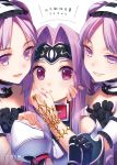  3girls close-up collar commentary_request euryale face face-to-face fate/grand_order fate/hollow_ataraxia fate_(series) hair_intakes hairband hand_on_another&#039;s_cheek hand_on_another&#039;s_face hand_on_another&#039;s_shoulder hands_on_another&#039;s_face headband highres koruri lolita_hairband long_hair medusa_(lancer)_(fate) multiple_girls purple_eyes purple_hair rider siblings sisters smile stheno twins twintails 