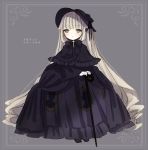  .live 1girl animal_ears bangs black_bow black_dress black_footwear black_neckwear blonde_hair blush bow bowtie cane capelet character_name commentary cross dress frills full_body gothic_lolita green_eyes grey_background highres lolita_fashion long_hair long_sleeves looking_at_viewer merry_milk merry_milk_no_mori milk_merry open_mouth simple_background solo symbol_commentary very_long_hair virtual_youtuber wide_sleeves 