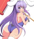  1girl :o animal_ears ass bangs bare_arms bare_back bare_shoulders breasts bunny_ears bunny_girl bunny_tail bunnysuit erina_(rabi-ribi) eyebrows_visible_through_hair from_behind hair_between_eyes hammer leotard long_hair looking_at_viewer looking_back medium_breasts naitou_kouse purple_eyes purple_hair purple_leotard rabi-ribi simple_background single_thighhigh solo tail thighhighs very_long_hair white_background white_legwear wrist_cuffs 