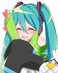  1boy 1girl aqua_hair bare_shoulders beak bird black_sleeves blush closed_eyes commentary crossover crying detached_sleeves drooling gen_8_pokemon hair_ornament happy hatsune_miku headphones heart highres holding_spring_onion long_hair open_mouth pokemon pokemon_(creature) sirfetch&#039;d smile spring_onion supo01 sweatdrop tears translated twintails upper_body very_long_hair vocaloid white_bird wiping_tears 
