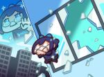  1girl a-chan_(1st_costume)_(hololive) a-chan_(hololive) absurdres autodefenestration black_pants blue_eyes blue_hair blue_ribbon blue_shirt broken_glass building copyright_name glass glasses hair_ribbon highres hololive keenbiscuit logo pants ribbon shirt smile solo sparkle virtual_youtuber waving window 