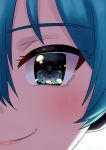  1girl absurdres backlighting blue_eyes blue_hair blush close-up cloud commentary face hatsune_miku highres lipstick looking_at_viewer makeup night night_sky reflection sky smile solo star_(sky) starry_sky sunrise tatyaoekaki twitter_username vocaloid 
