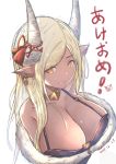  1girl absurdres bangs bare_shoulders blonde_hair blush breasts cleavage closed_mouth collarbone dark_skin dated draph earrings fur_trim granblue_fantasy highres horns jewelry kuvira_(granblue_fantasy) large_breasts lips long_hair looking_at_viewer pointy_ears simple_background sketch smile solo translated upper_body white_background yellow_eyes yu_pian 