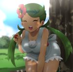 1girl blue_sky breasts cherry closed_eyes cloud commentary_request dark_skin day flower food fruit grass green_hair hair_flower hair_ornament happy highres holding holding_food holding_fruit leaning_forward mao_(pokemon) medium_breasts open_mouth outdoors overalls pokemon pokemon_(game) pokemon_sm robert_m sky sleeveless solo teeth tree tree_shade trial_captain twintails 