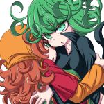  2girls black_dress breasts commentary_request crossover curly_hair dragon_quest dragon_quest_vii dress green_eyes green_hair groin hanya_(hanya_yashiki) hood long_hair looking_at_viewer maribel_(dq7) multiple_girls one-punch_man open_mouth red_hair simple_background tatsumaki white_background 