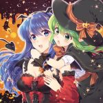  2girls awayuki_ramika blue_eyes blue_hair bow breasts caeda_(fire_emblem) cleavage detached_sleeves fire_emblem fire_emblem:_mystery_of_the_emblem green_eyes green_hair halloween_costume hat hug hug_from_behind long_hair multiple_girls nail_polish open_mouth short_sleeves tiki_(fire_emblem) witch_hat 