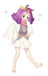  1girl :d acerola_(pokemon) ahoge ash_blossom_&amp;_joyous_spring ash_blossom_&amp;_joyous_spring_(cosplay) barefoot bow cosplay drawfag elite_four full_body hair_bow hand_up highres looking_at_viewer open_mouth pokemon pokemon_(game) pokemon_sm purple_eyes purple_hair simple_background smile solo sparkle trial_captain white_background wide_sleeves yellow_bow yuu-gi-ou 