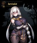  1girl atelier_(series) atelier_ryza black_background black_bodysuit bodysuit breasts cleavage cowboy_shot darkest_dungeon expressionless full_moon heterochromia large_breasts lila_decyrus long_hair looking_at_viewer moon niur parted_lips purple_eyes red_eyes solo standing twintails white_hair 