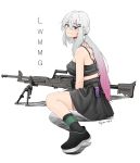  1girl absurdres artist_name belt bipod black_skirt blue_eyes breasts bullet character_name closed_mouth commentary_request crop_top general_dynamics_lwmmg girls_frontline gradient_hair grey_hair gun hair_ornament hairclip highres kangsog korean_commentary long_hair looking_at_viewer lwmmg_(girls_frontline) medium_breasts multicolored_hair pink_hair ponytail shoes sidelocks simple_background sitting skirt solo spaghetti_strap very_long_hair weapon white_background 