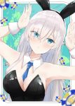  1girl absurdres anastasia_(fate/grand_order) animal_ears blue_eyes breasts bunny_ears bunnysuit cleavage coin detached_collar evening_rabbit fate/grand_order fate_(series) highres long_hair medium_breasts necktie silver_hair 