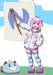  1girl blush crown495 d-pad d-pad_hair_ornament dogoo from_side full_body hair_ornament highres hood hood_down hooded_jacket jacket looking_at_viewer neptune_(neptune_series) neptune_(series) panties purple_eyes purple_hair short_hair short_hair_with_long_locks solo striped striped_panties underwear 