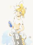  /\/\/\ 1boy black_shorts blonde_hair blue_eyes bottle closed_mouth clothes_around_waist collarbone commentary epoxy_putty feet_out_of_frame from_above hand_on_hip holding holding_bottle kagamine_len looking_at_viewer looking_up male_focus shirt shirt_around_waist shirtless short_hair short_ponytail shorts shoulder_tattoo smile solo spiked_hair tattoo traditional_media vocaloid water_bottle watercolor_(medium) white_shirt 